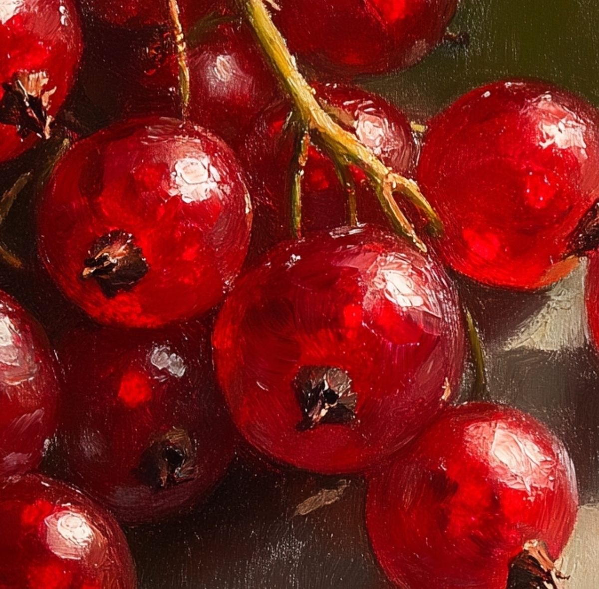 Painting of plentiful red currant berries.
